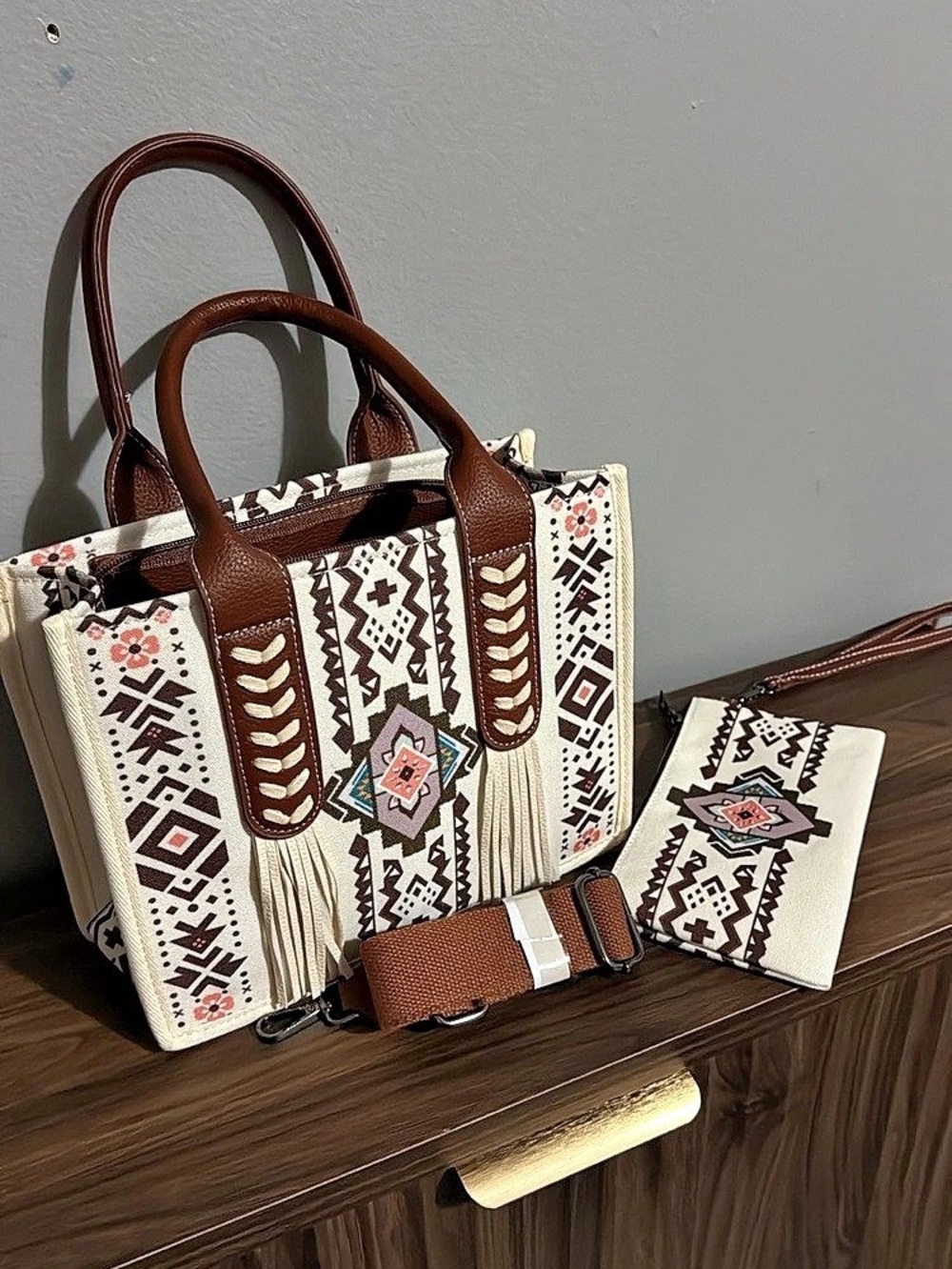 Aztec Pattern Dual Sided Print Tote Bag White & Brown